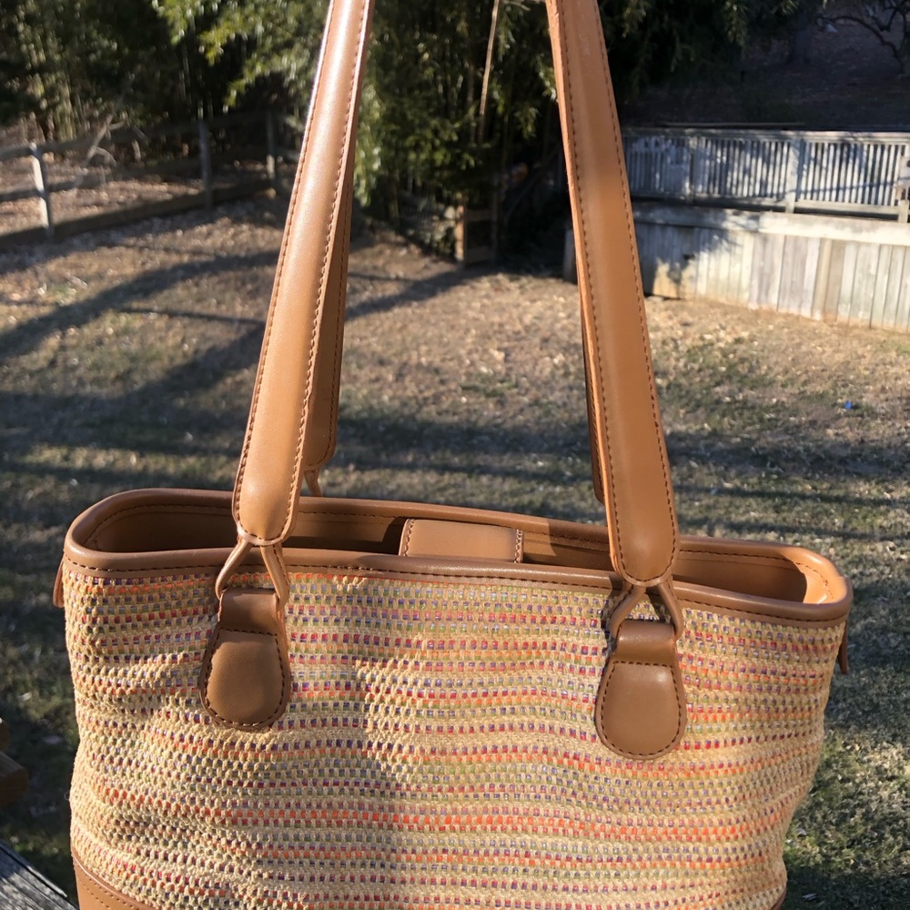 Tan and Brown Woven Tote Bag with Leather Handles